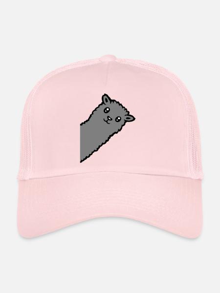 Gray Alpaca Llama Head Curious Funny Look - Trucker Cap - pale pink - Front