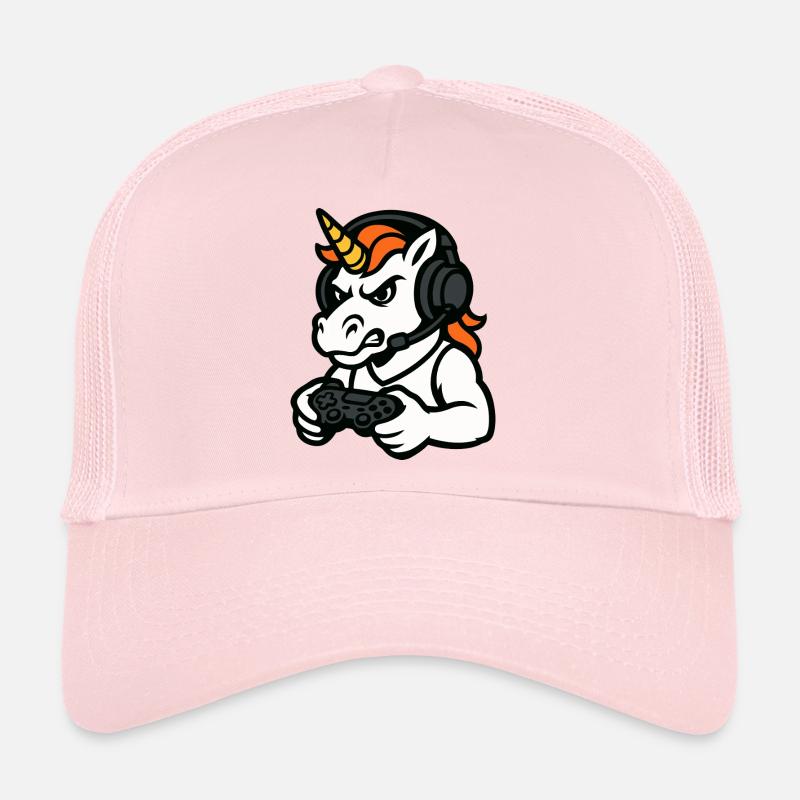 Wildes Einhorn-Gamer-Maskottchen mit Headset Trucker Cap