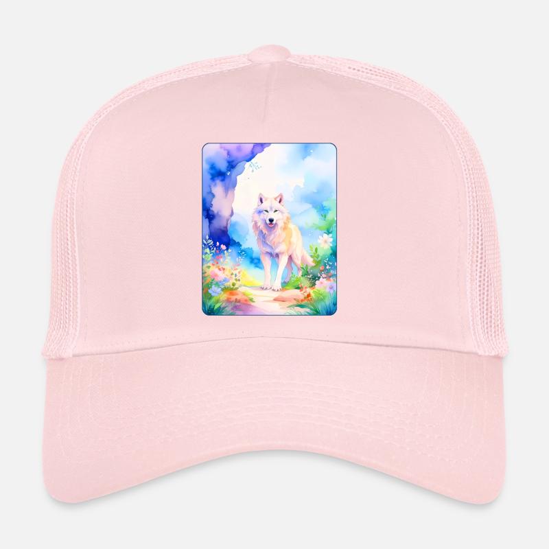 Weißer Wolf umgeben von Blumen Trucker Cap