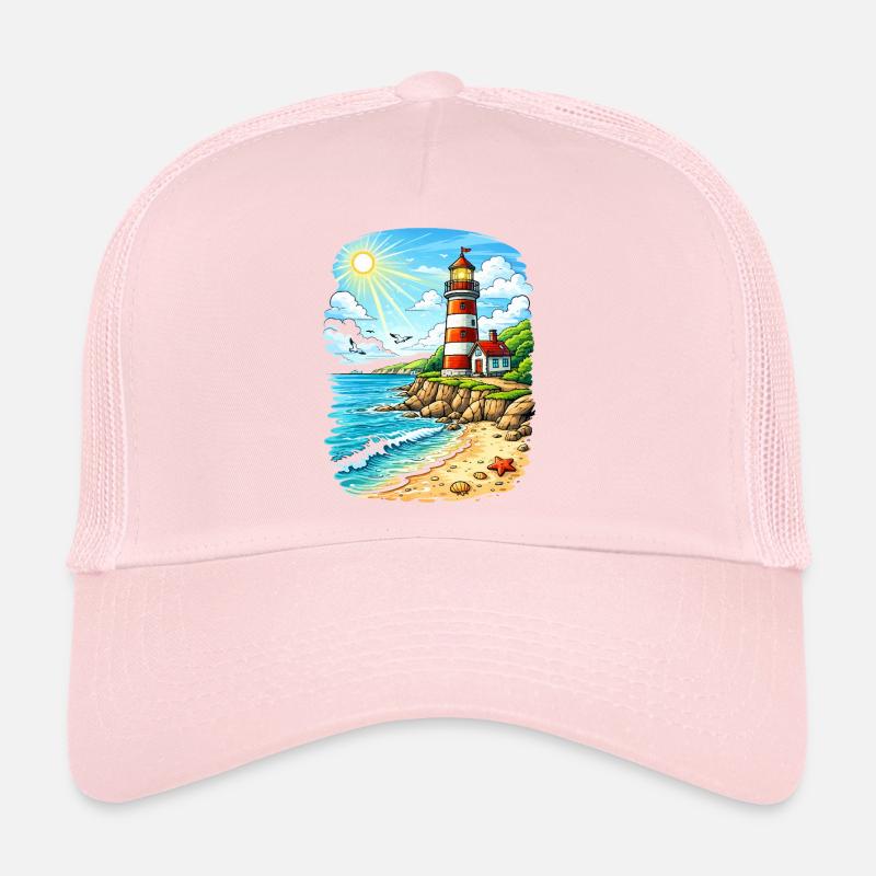 Lighthouse on sunny coastal beach Trucker Cap