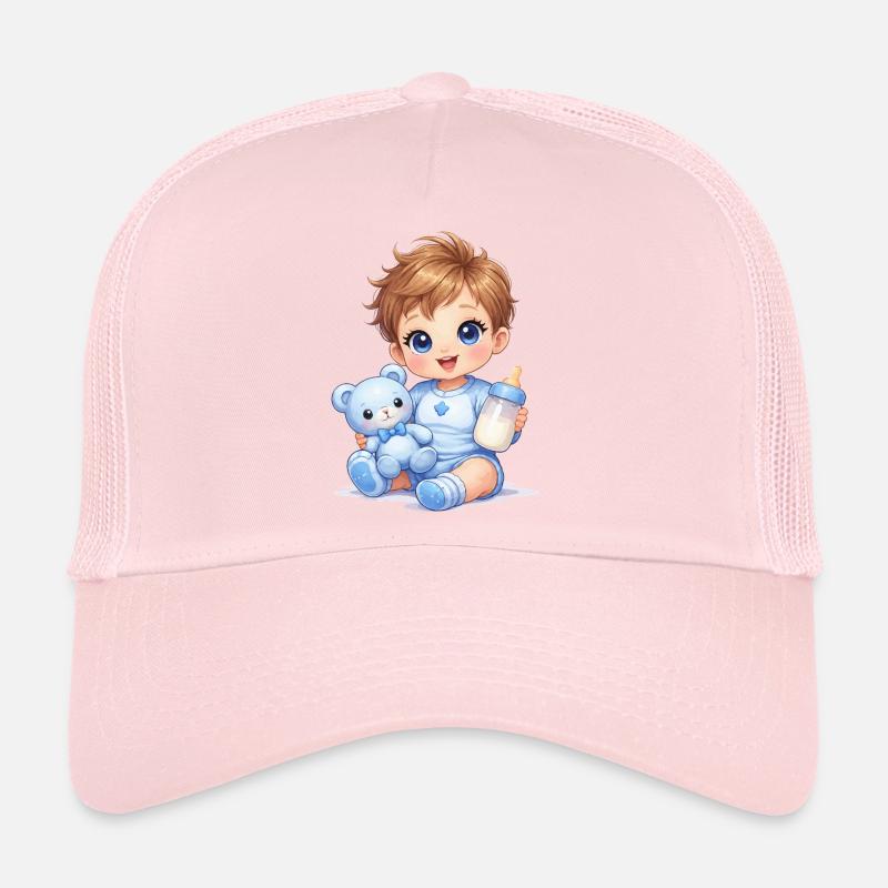 Baby mit Fläschchen und Teddy Trucker Cap