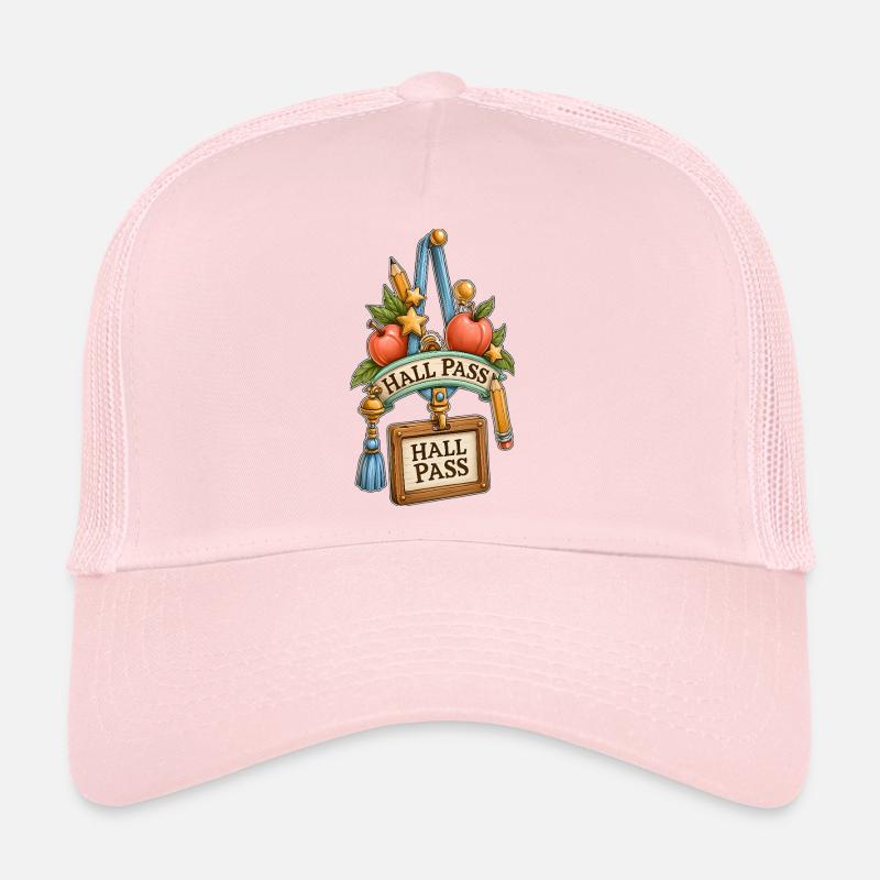 Ornate Hall Pass School Teacher Apples Pencils - Trucker Cap - pale pink