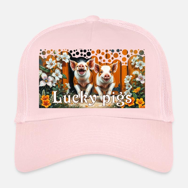 Two Pigs in Happiness Lucky Pig Couple - Trucker Cap - pale pink