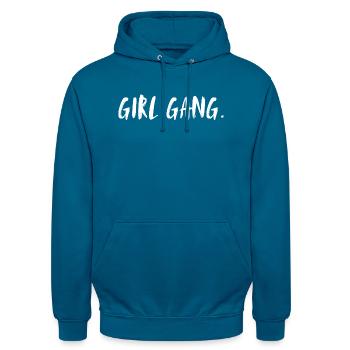 Gang de filles. Gang de filles - Sweat-shirt à capuche unisexe - bleu profond  - Devant - Alina (178cm) & Michal (187cm)