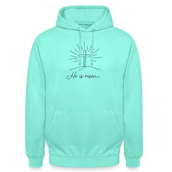Kruzifix He is Risen Ostern Jesus - Unisex Hoodie - Mint - Vorne - AI Model Male 185 light (185cm) & AI Model Female 180 light (180cm)
