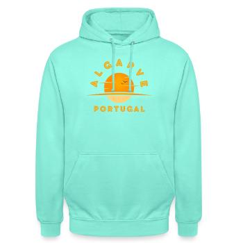 Algarve Portugal Sunset Logo - Unisex Hoodie - mint - Front - AI Model Male 185 light (185cm) & AI Model Female 180 light (180cm)