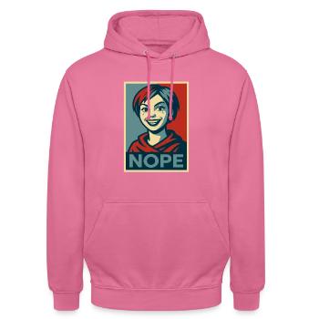 ein Mädchen und eine humorvolle NOPE-Plakatbotschaft - Unisex Hoodie - Pink - Vorne - Alina (178cm) & Michal (187cm)