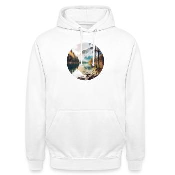 Alpensee Spiegelung Morgenglanz - Unisex Hoodie - Weiß - Vorne - AI Model Male 185 dark (185cm) & AI Model Female 172 dark (172cm)