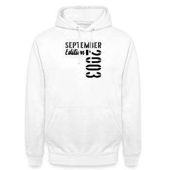 23rd birthday September 2003 - 23 years old - Unisex Hoodie - white - Front - AI Model Male 185 dark (185cm) & AI Model Female 172 dark (172cm)