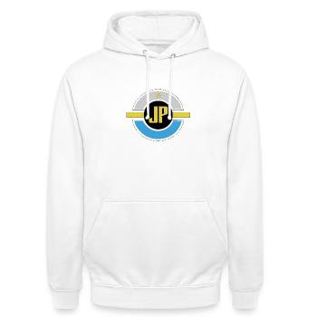 J-P - Unisex Hoodie - white - Front - AI Model Male 185 dark (185cm) & AI Model Female 172 dark (172cm)