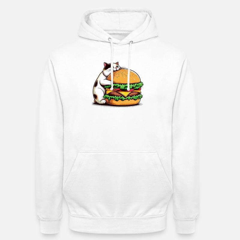 Chat gourmand et hamburger - Sweat-shirt à capuche unisexe - blanc