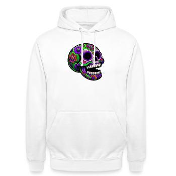 Leuchtender Totenkopf mit Blumenmotiv - Unisex Hoodie - Weiß - Vorne - AI Model Male 185 dark (185cm) & AI Model Female 172 dark (172cm)