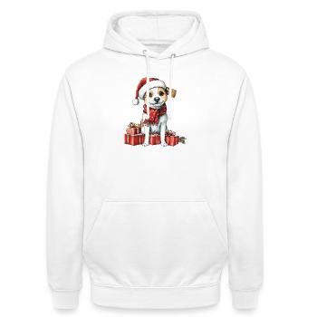 Weihnachts-Welpe mit Geschenken - Unisex Hoodie - Weiß - Vorne - AI Model Male 185 dark (185cm) & AI Model Female 172 dark (172cm)