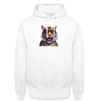 Intelligenter Tiger mit Brille Design - Unisex Hoodie - Weiß - Vorne - AI Model Male 185 dark (185cm) & AI Model Female 172 dark (172cm)