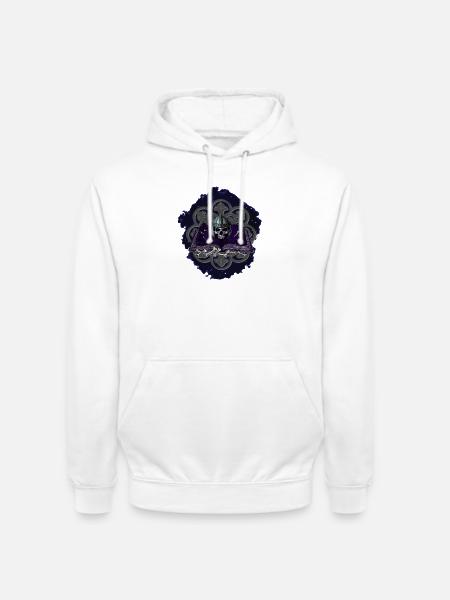 Schädelhelm mit menschenknochen auf dunklem Buch - Unisex Hoodie - Weiß