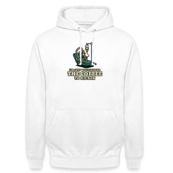 Kaffeekick: Wartender Patient - Unisex Hoodie - Weiß - Vorne - AI Model Male 185 dark (185cm) & AI Model Female 172 dark (172cm)