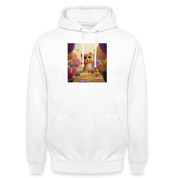Kätzchen springt durch Blütenreich - Unisex Hoodie - Weiß - Vorne - AI Model Male 185 dark (185cm) & AI Model Female 172 dark (172cm)