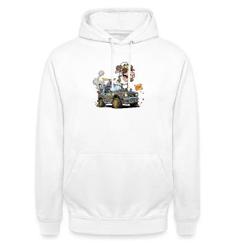 Cartoon Schaffahrer im Geländewagen - Unisex Hoodie - Weiß - Vorne - AI Model Male 185 dark (185cm) & AI Model Female 172 dark (172cm)