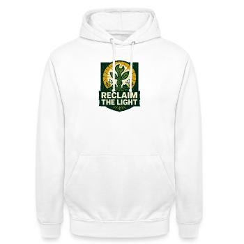 Reclaim the Light – Solarpunk - Unisex Hoodie - white - Front - AI Model Male 185 dark (185cm) & AI Model Female 172 dark (172cm)