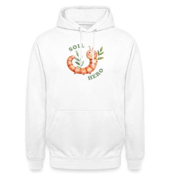 Fröhliche Öko-Heldin - Regenwurm mit Blättern im Hintergrund - Unisex Hoodie - Weiß - Vorne - AI Model Male 185 dark (185cm) & AI Model Female 172 dark (172cm)