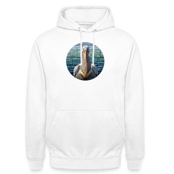 Mosaik Pelikan Porträt – Maritimes Glasmosaik Desi - Unisex Hoodie - Weiß - Vorne - AI Model Male 185 dark (185cm) & AI Model Female 172 dark (172cm)