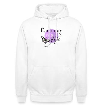 Each_day_is_a_gift - Unisex Hoodie - Weiß - Vorne - AI Model Male 185 dark (185cm) & AI Model Female 172 dark (172cm)