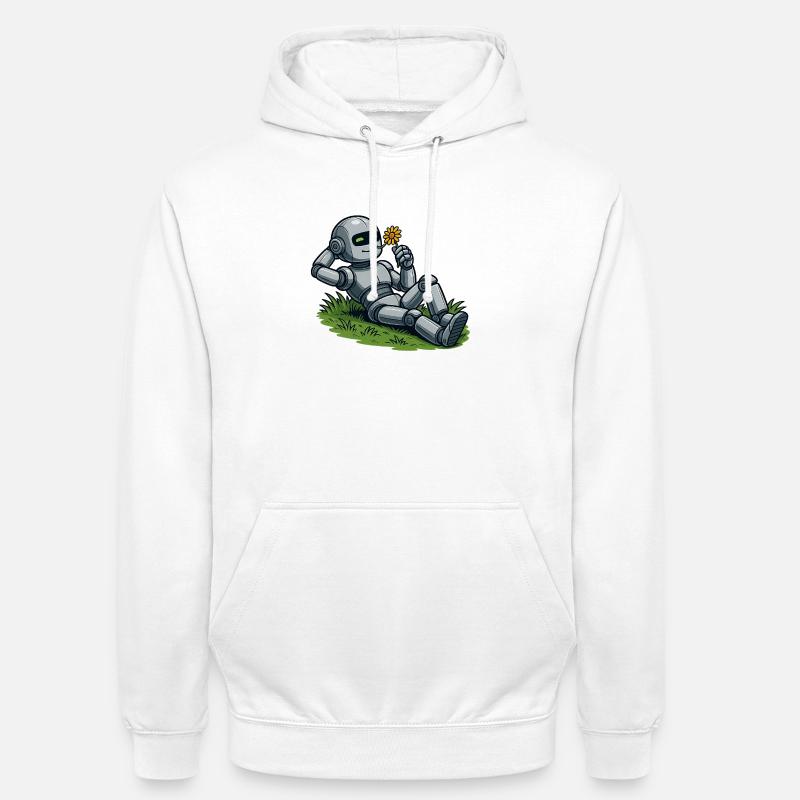Robot avec fleur sur une pelouse - Sweat-shirt à capuche unisexe - blanc