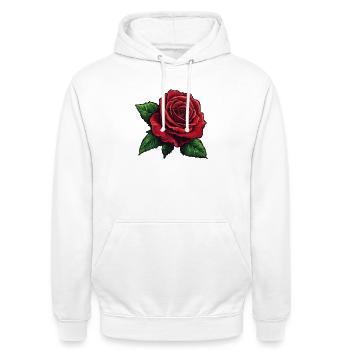 Rose rouge / Pétales graphique vectoriel - Sweat-shirt à capuche unisexe - blanc - Devant - AI Model Male 185 dark (185cm) & AI Model Female 172 dark (172cm)