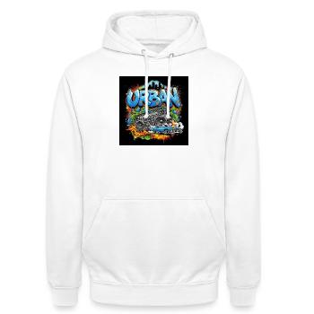 Graffiti urbain avec boombox et voiture - Sweat-shirt à capuche unisexe - blanc - Devant - AI Model Male 185 dark (185cm) & AI Model Female 172 dark (172cm)
