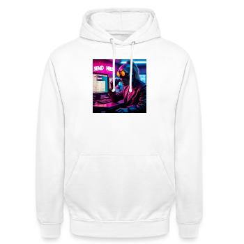 Cyberpunk Neon-Skull Hacker Send Help Design - Unisex Hoodie - Weiß - Vorne - AI Model Male 185 dark (185cm) & AI Model Female 172 dark (172cm)