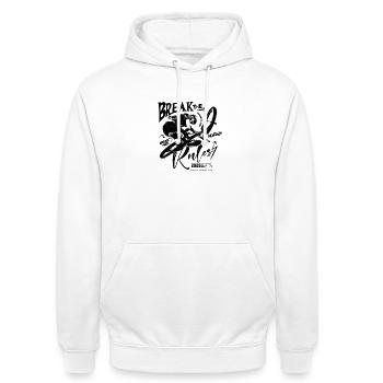 Break The Rules BMX Streetwear - Unisex Hoodie - white - Front - AI Model Male 185 dark (185cm) & AI Model Female 172 dark (172cm)