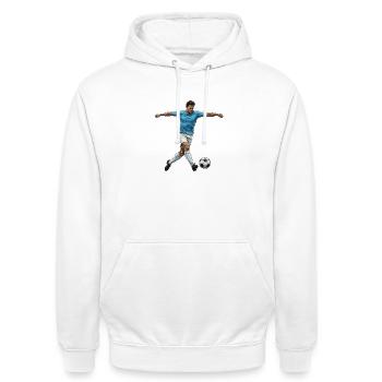fussballspieler-blau-trikot-torschuss-comic-sti - Unisex Hoodie - Weiß - Vorne - AI Model Male 185 dark (185cm) & AI Model Female 172 dark (172cm)