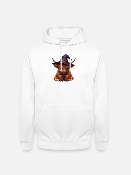 Halloween Hochlandrind mit Hexenhut - Unisex Hoodie - Weiß