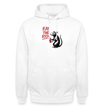 Eat the Rich Ratte mit Sprühdose - Unisex Hoodie - Weiß - Vorne - AI Model Male 185 dark (185cm) & AI Model Female 172 dark (172cm)