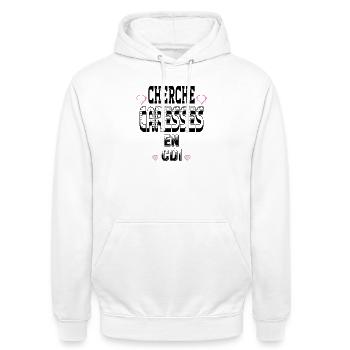 Cherche Caresses en CDI - Sweat-shirt à capuche unisexe - blanc - Devant - AI Model Male 185 dark (185cm) & AI Model Female 172 dark (172cm)