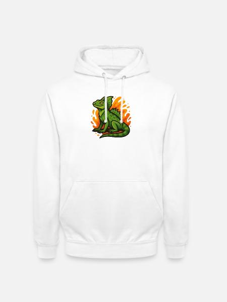 Grüne Basilisken-Eidechse mit flammendem Hintergrund - Unisex Hoodie - Weiß