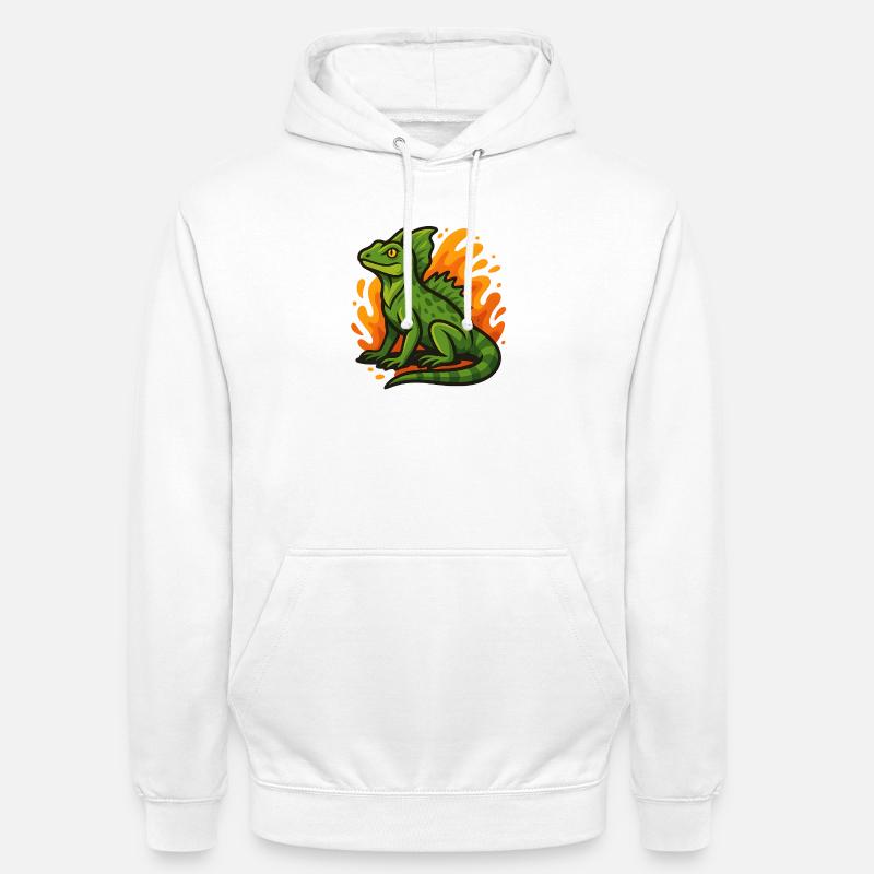Grüne Basilisken-Eidechse mit flammendem Hintergrund - Unisex Hoodie - Weiß
