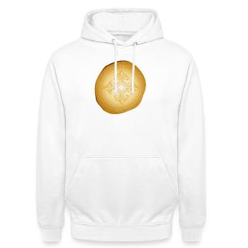 Antique gold coin with ornamental cross motif - Unisex Hoodie - white - Front - AI Model Male 185 dark (185cm) & AI Model Female 172 dark (172cm)