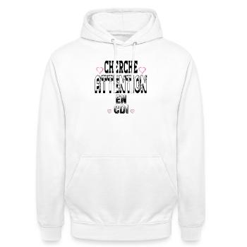 Cherche Attention en CDI - Sweat-shirt à capuche unisexe - blanc - Devant - AI Model Male 185 dark (185cm) & AI Model Female 172 dark (172cm)