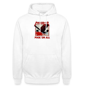 Pucked-Up Blood Red Hockey Graphic - Unisex Hoodie - white - Front - AI Model Male 185 dark (185cm) & AI Model Female 172 dark (172cm)