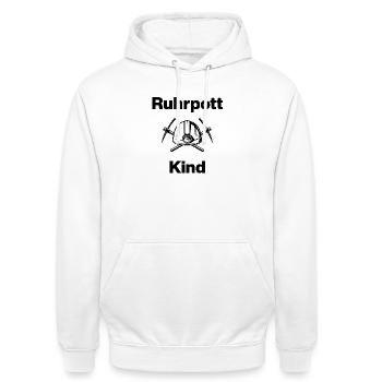 RUHRPOTT CHILD, RHÉNANIE-DU-NORD-WESTPHALIE, NÉ AU CHARBON, MINEUR - Sweat-shirt à capuche unisexe - blanc - Devant - AI Model Male 185 dark (185cm) & AI Model Female 172 dark (172cm)