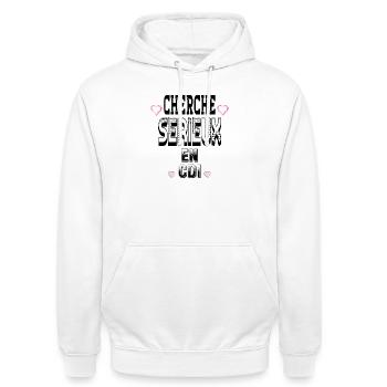 Cherche Sérieux en CDI - Sweat-shirt à capuche unisexe - blanc - Devant - AI Model Male 185 dark (185cm) & AI Model Female 172 dark (172cm)