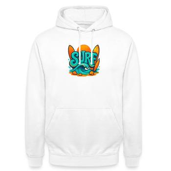 Art des mots Sunset Surf - Sweat-shirt à capuche unisexe - blanc - Devant - AI Model Male 185 dark (185cm) & AI Model Female 172 dark (172cm)