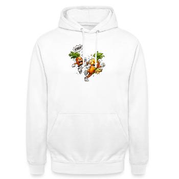 Karate-Karotten im Duell - Unisex Hoodie - Weiß - Vorne - AI Model Male 185 dark (185cm) & AI Model Female 172 dark (172cm)