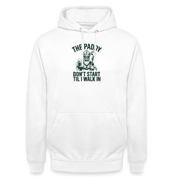 Paddy-Eingang: Fang erst an, wenn ich reinkomme - Unisex Hoodie - Weiß - Vorne - AI Model Male 185 dark (185cm) & AI Model Female 172 dark (172cm)