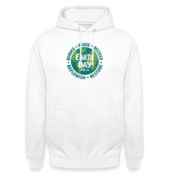 Earth Day Emblem: Reduzieren Sie Wiederverwendung und Recycling - Unisex Hoodie - Weiß - Vorne - AI Model Male 185 dark (185cm) & AI Model Female 172 dark (172cm)