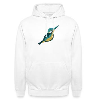 Geometrischer Eisvogel mit Punkten L-Blau - Unisex Hoodie - Weiß - Vorne - AI Model Male 185 dark (185cm) & AI Model Female 172 dark (172cm)