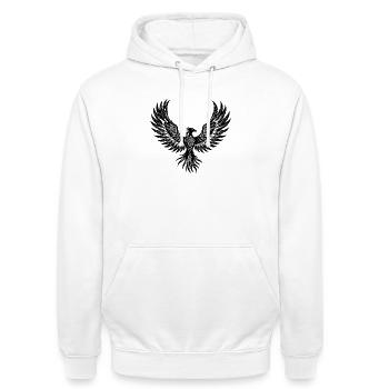 Tribal Phoenix mit ausgebreiteten Flügeln - Unisex Hoodie - Weiß - Vorne - AI Model Male 185 dark (185cm) & AI Model Female 172 dark (172cm)