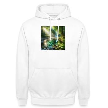 Sunshine in a forest stream - Unisex Hoodie - white - Front - AI Model Male 185 dark (185cm) & AI Model Female 172 dark (172cm)