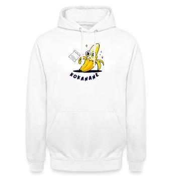 KOKANANE – Banane mit Schwung - Unisex Hoodie - Weiß - Vorne - AI Model Male 185 dark (185cm) & AI Model Female 172 dark (172cm)